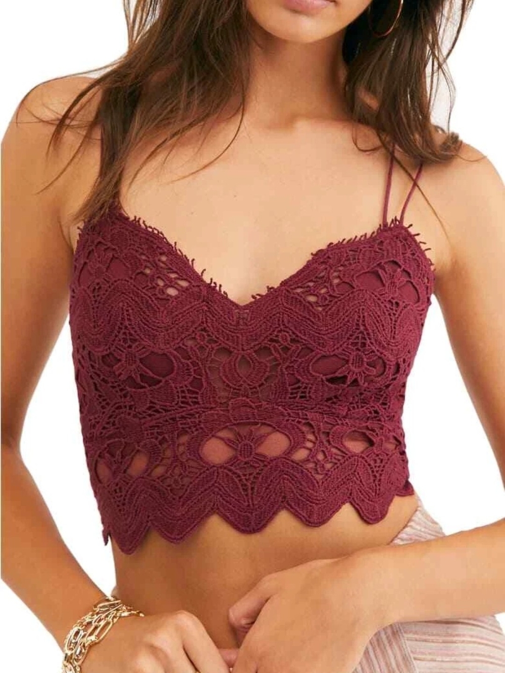 Free People Raspberry Crochet Smocked Crop Top